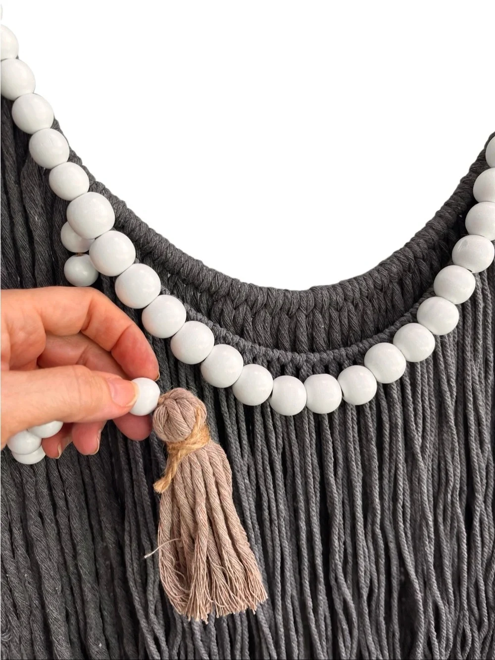 Boho Macrame Wall Hanging Gray Fringe Beaded Tapestry Wall Decor